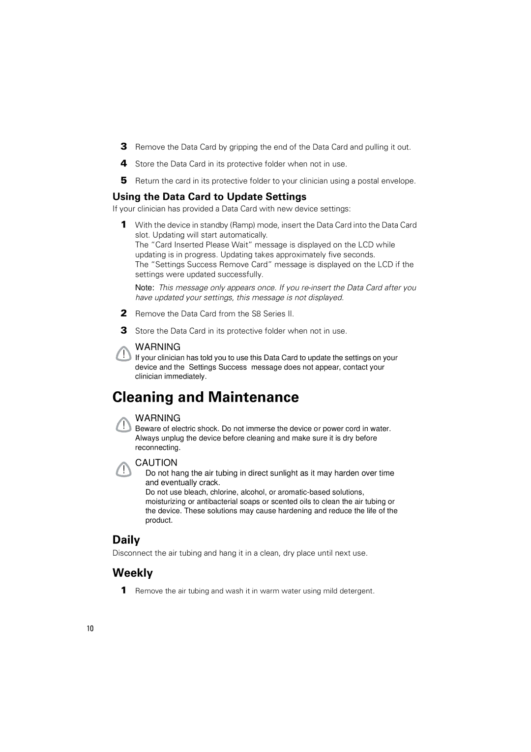 ResMed s8 manual Cleaning and Maintenance, Daily, Weekly, Using the Data Card to Update Settings 