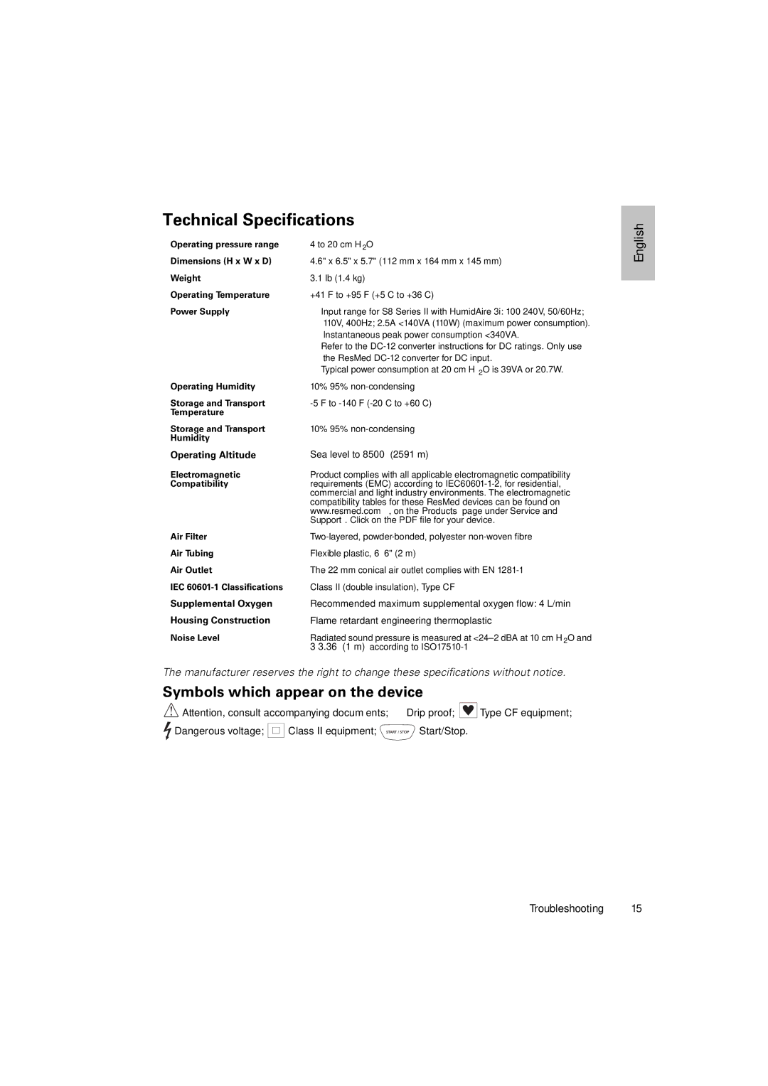 ResMed s8 manual Technical Specifications, Symbols which appear on the device 