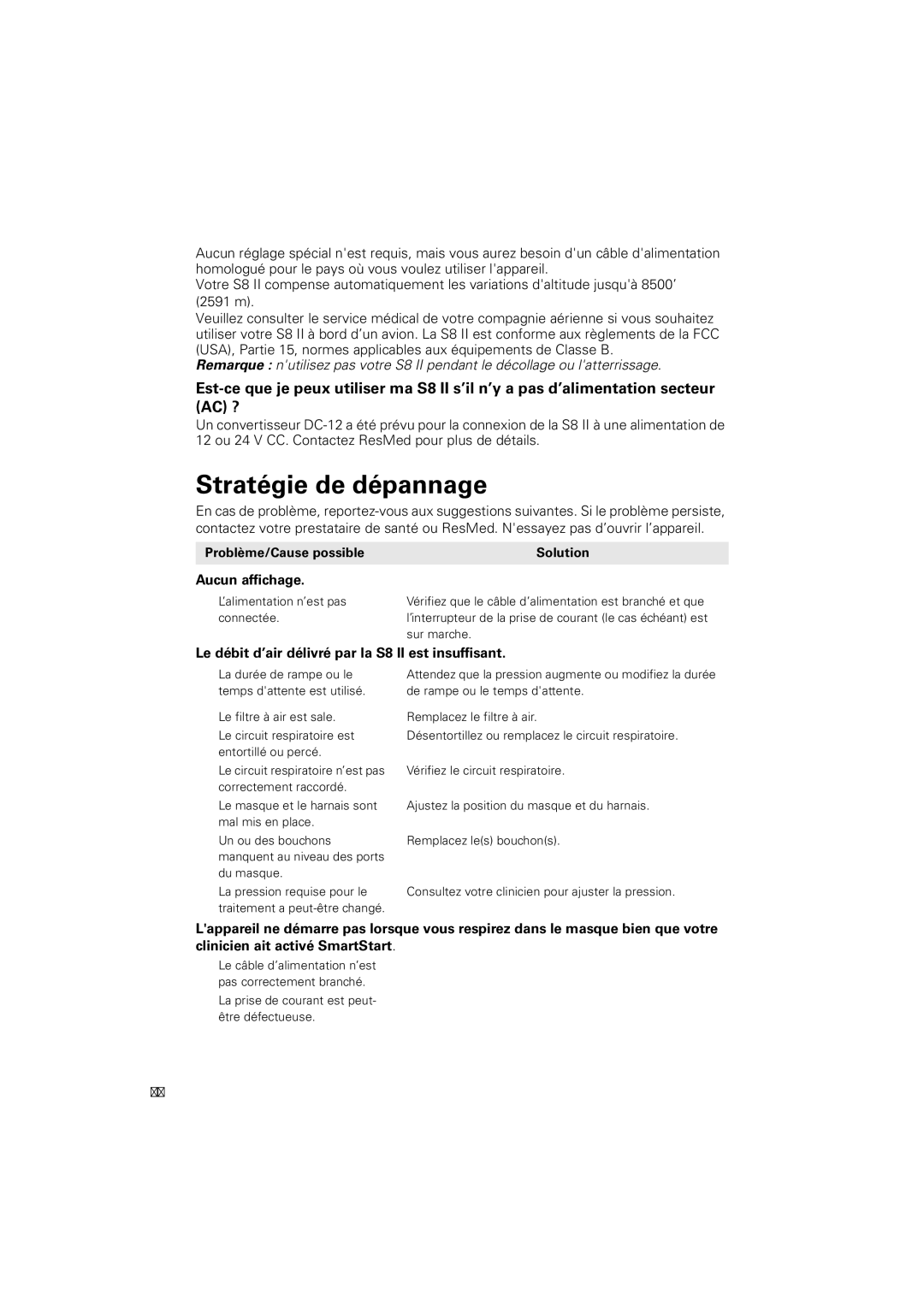 ResMed s8 manual Stratégie de dépannage, Aucun affichage, Le débit d’air délivré par la S8 II est insuffisant 