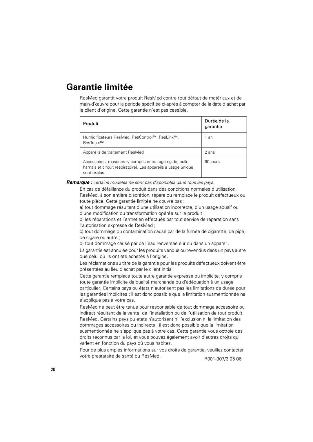 ResMed s8 manual Garantie limitée 