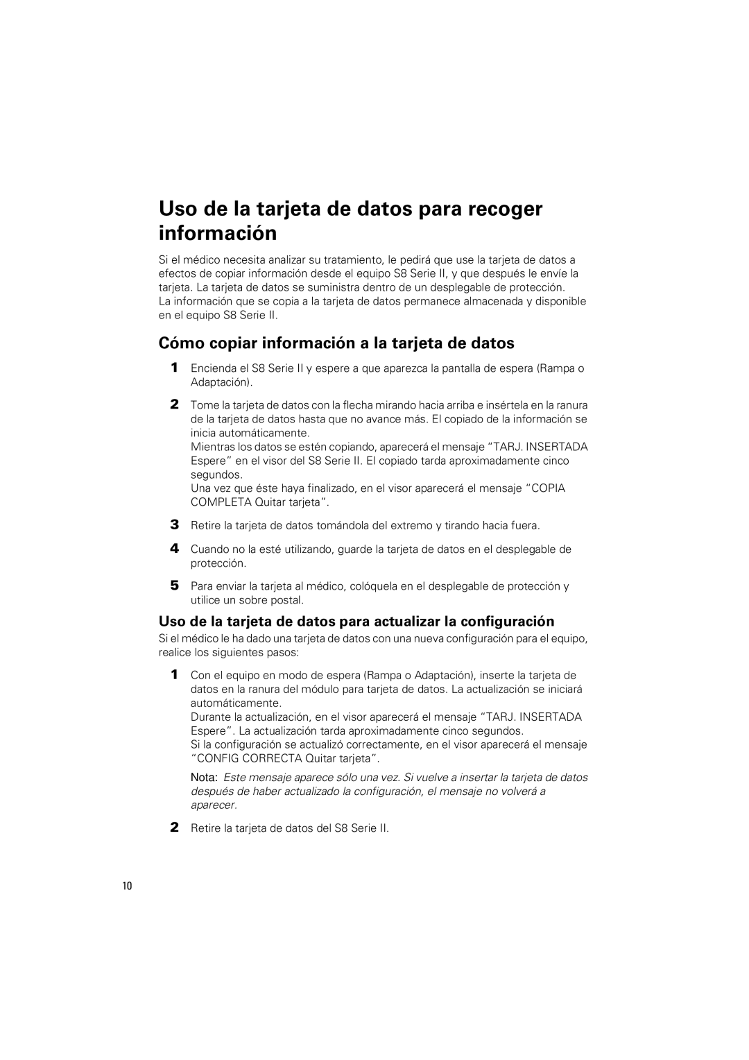 ResMed s8 manual Uso de la tarjeta de datos para recoger información, Cómo copiar información a la tarjeta de datos 