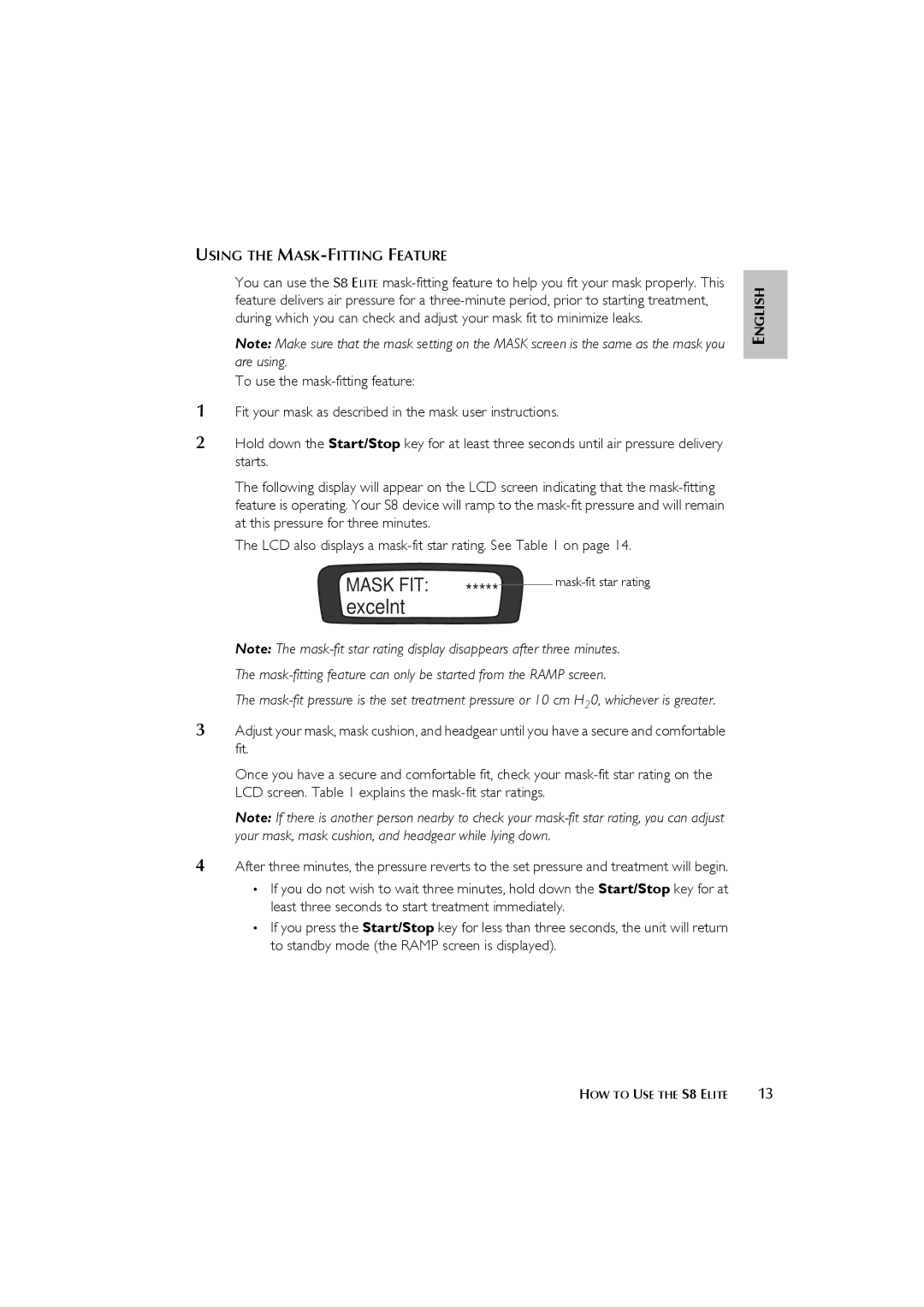 ResMed s8 user manual Excelnt, Using the MASK-FITTING Feature 