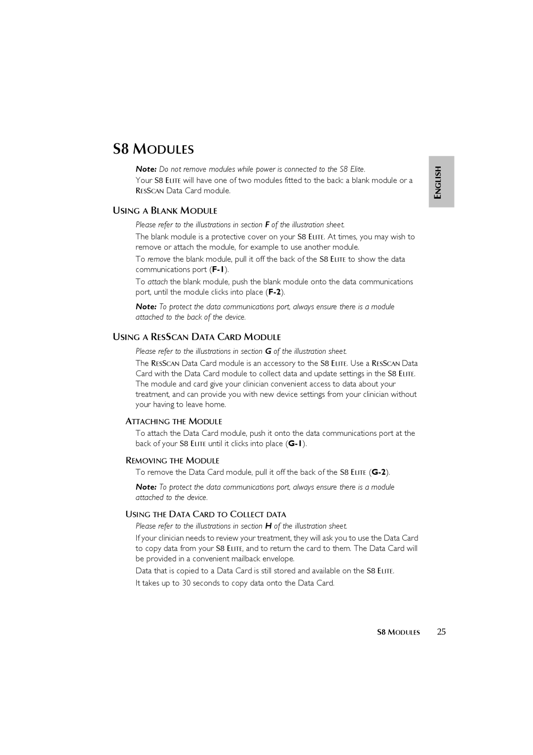 ResMed s8 user manual S8 Modules, Using a Blank Module, Using a Resscan Data Card Module 