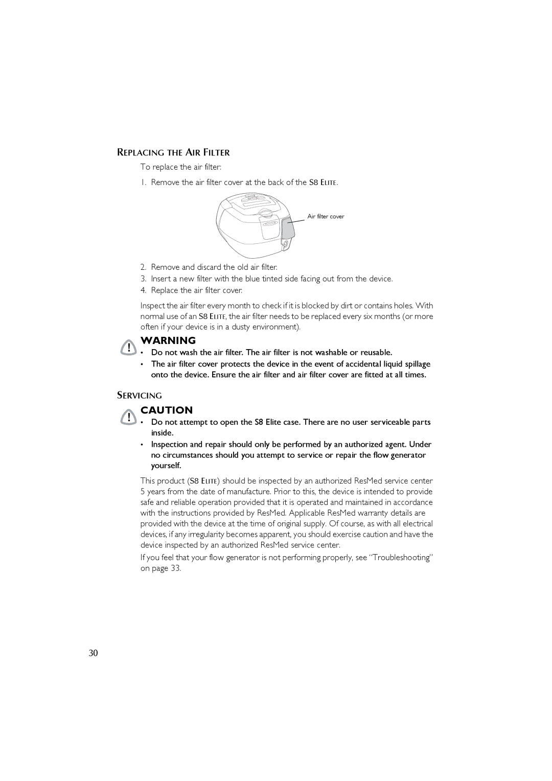 ResMed s8 user manual Replacing the AIR Filter, Servicing 