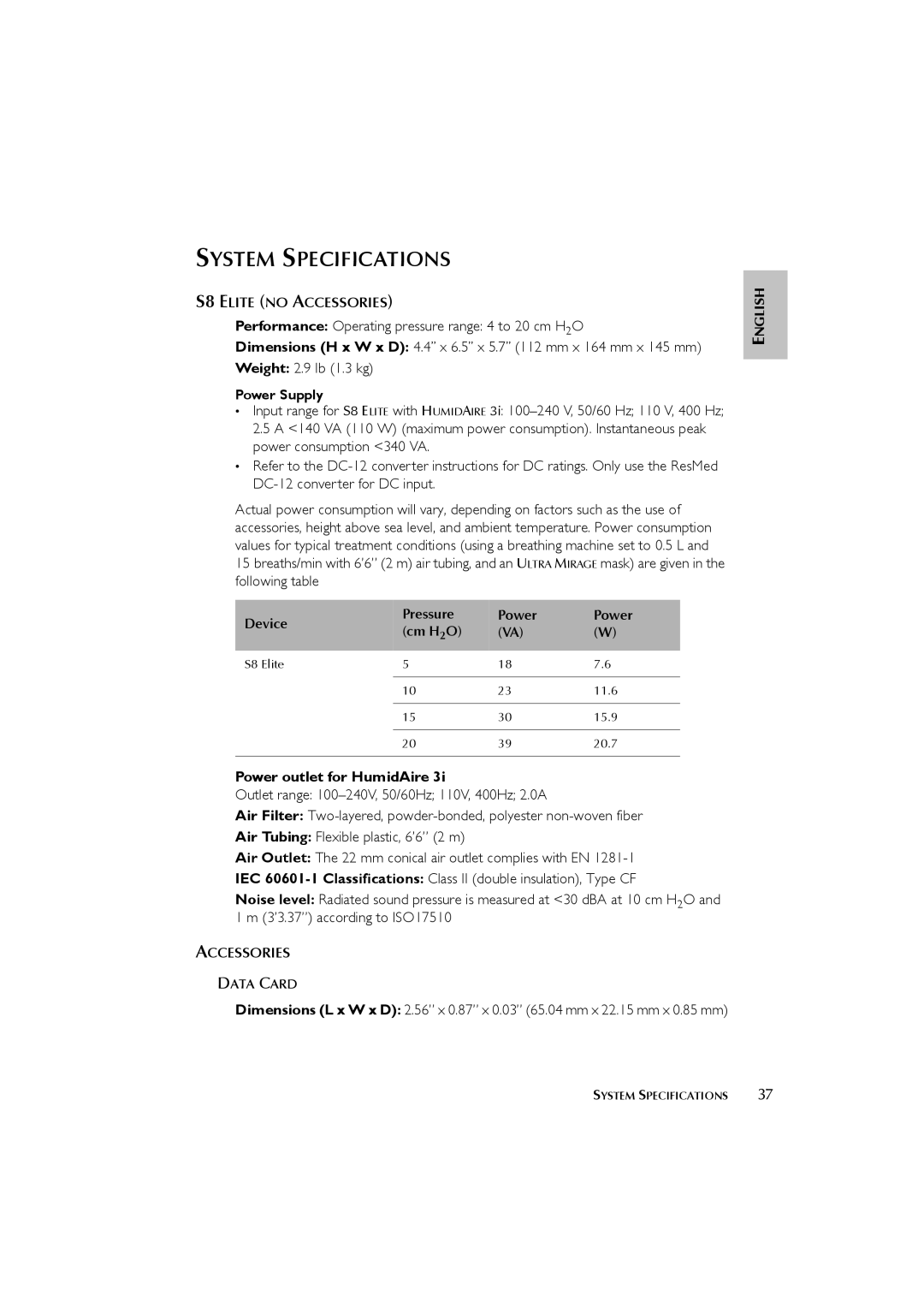 ResMed s8 user manual System Specifications, S8 Elite no Accessories, Data Card 