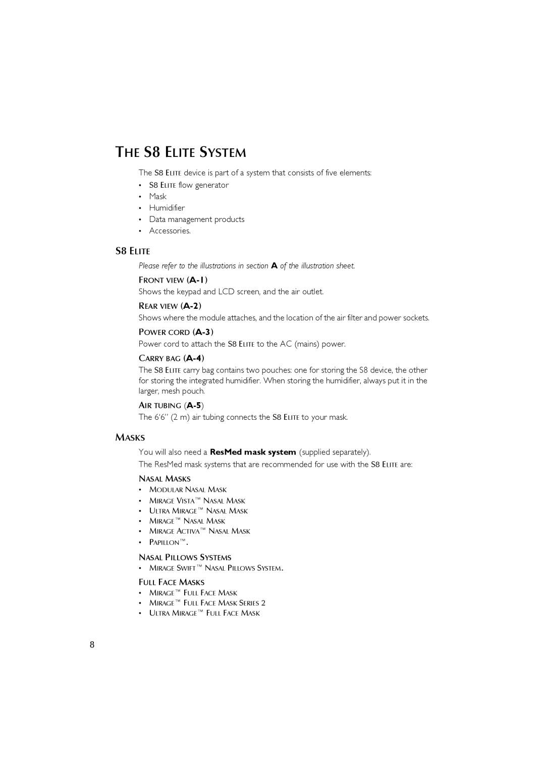 ResMed s8 user manual S8 Elite System, Masks 
