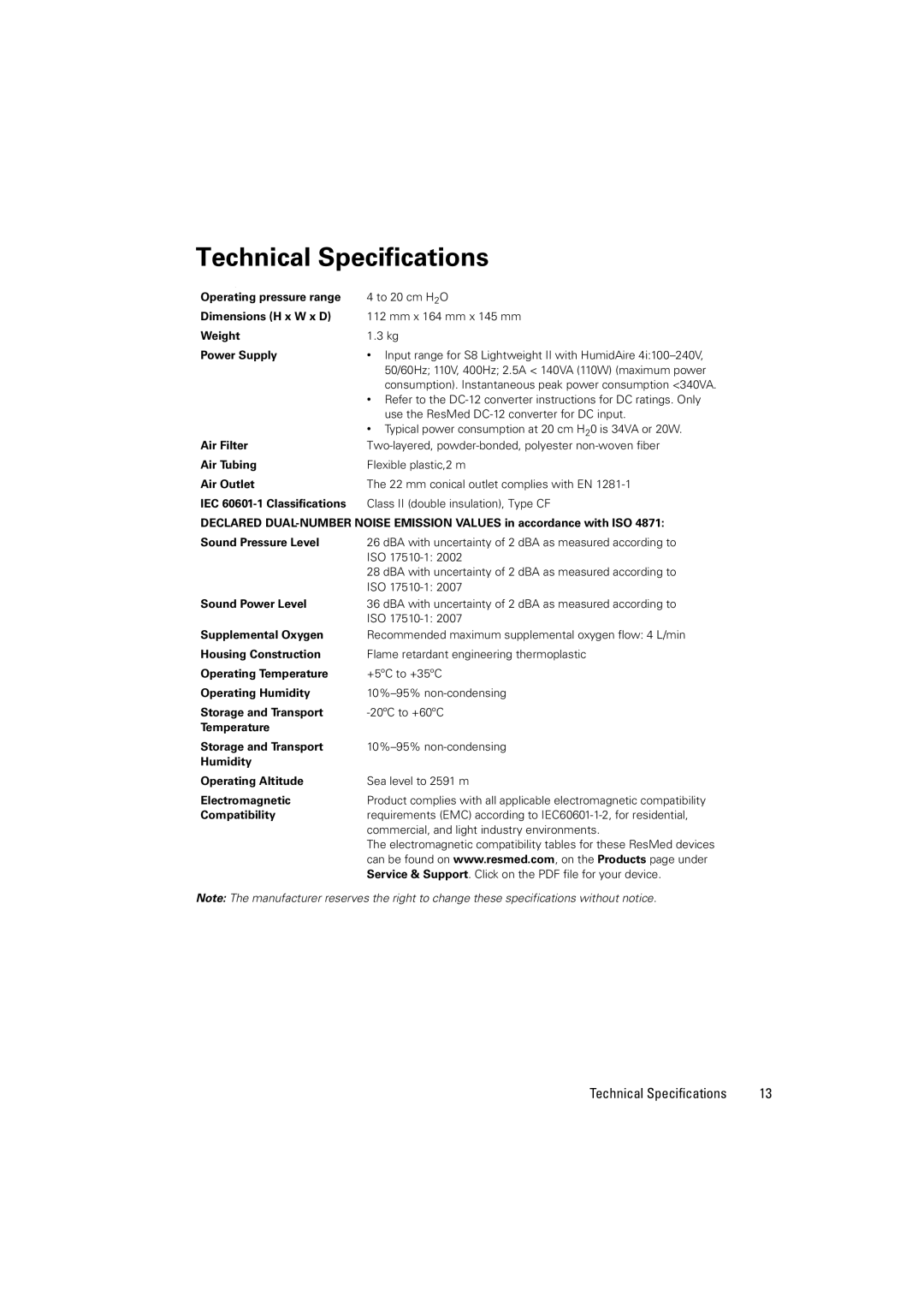 ResMed s8 manual Technical Specifications, Weight Power Supply 