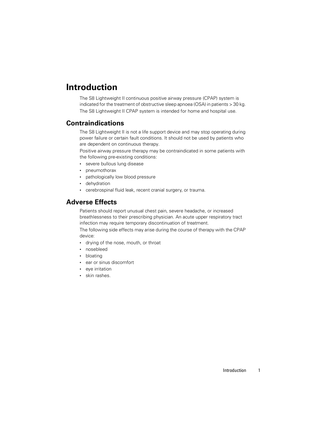 ResMed s8 manual Introduction, Contraindications, Adverse Effects 