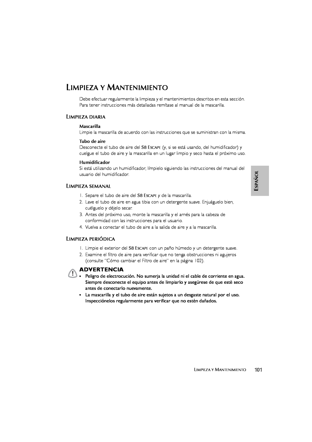 ResMed s8 user manual Limpieza Y Mantenimiento, Advertencia 