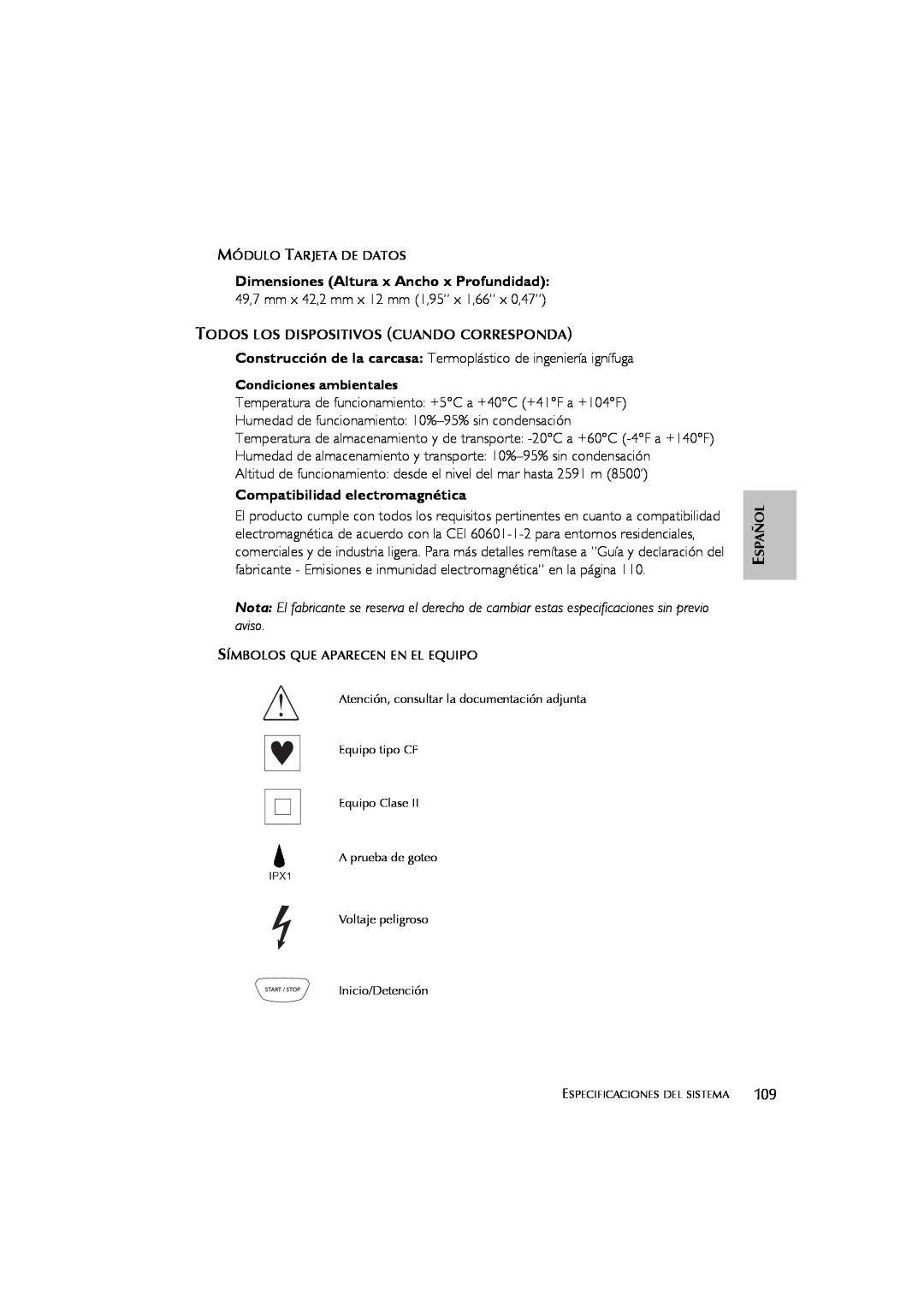 ResMed s8 user manual Compatibilidad electromagnética, Dimensiones Altura x Ancho x Profundidad 
