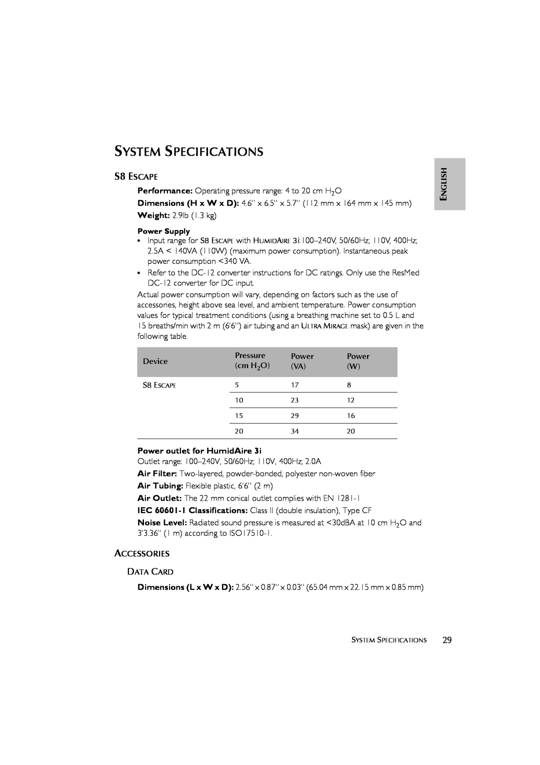 ResMed s8 user manual System Specifications, Power outlet for HumidAire 