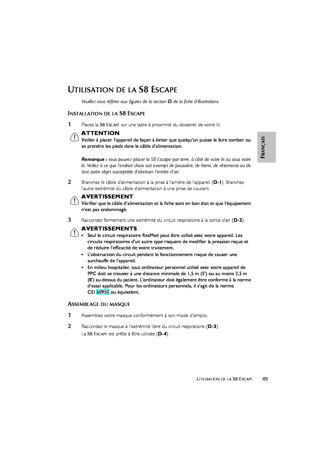 ResMed s8 user manual UTILISATION DE LA S8 ESCAPE, Avertissements 