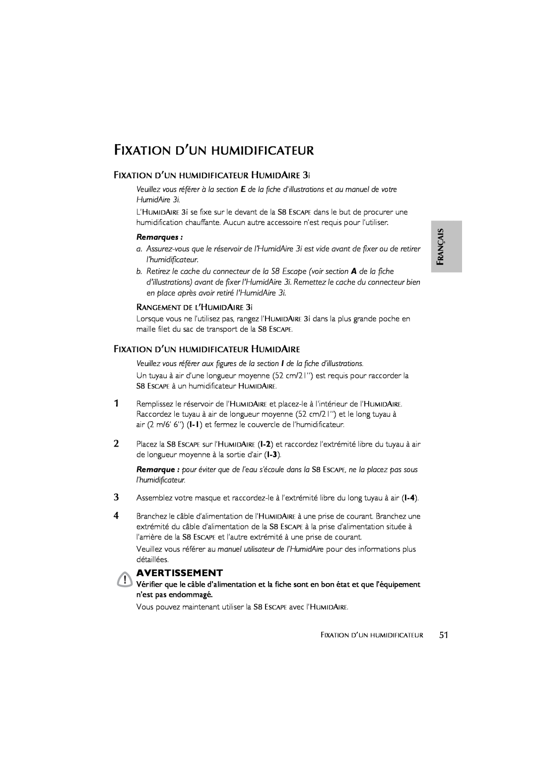 ResMed s8 user manual Fixation D’Un Humidificateur, Remarques, Avertissement 