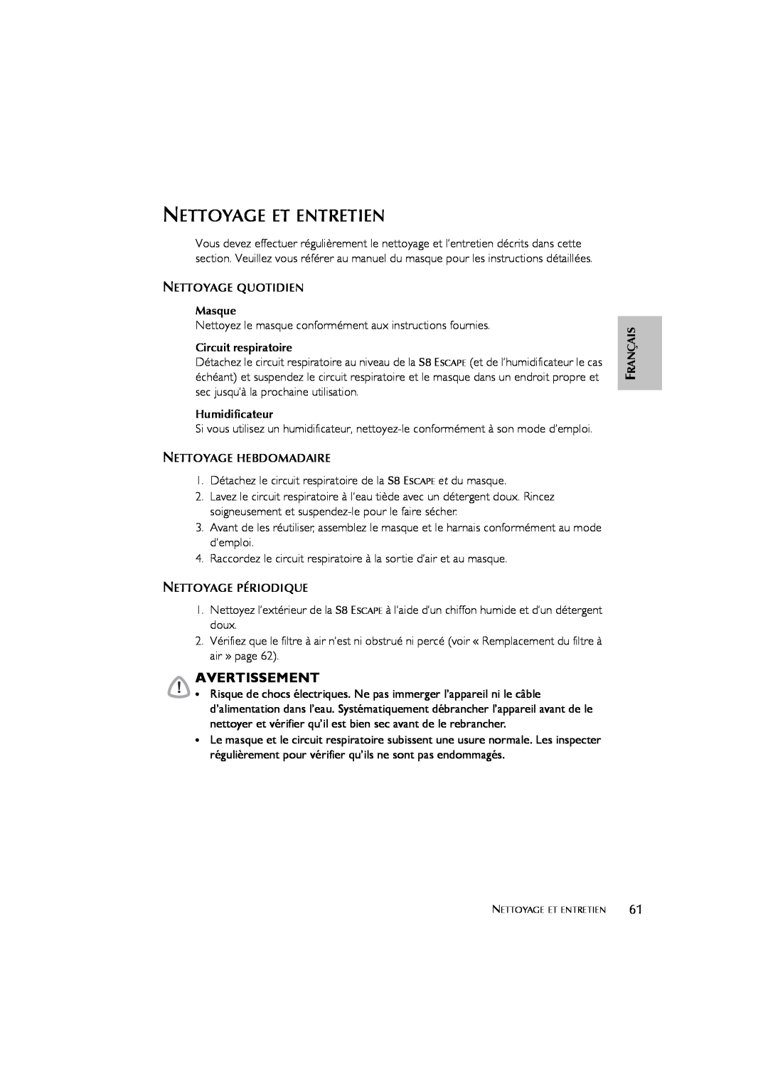 ResMed s8 user manual Nettoyage Et Entretien, Avertissement 