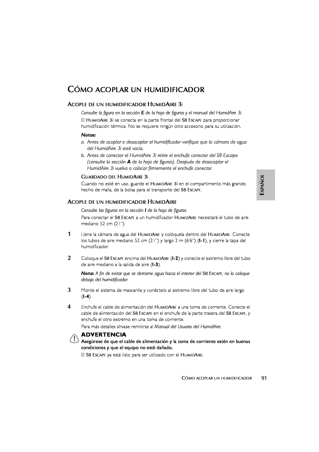 ResMed s8 user manual Cómo Acoplar Un Humidificador, Notas, Advertencia 