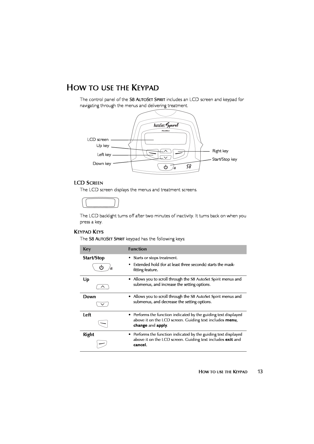 ResMed s8 manual How To Use The Keypad, Lcd Screen 