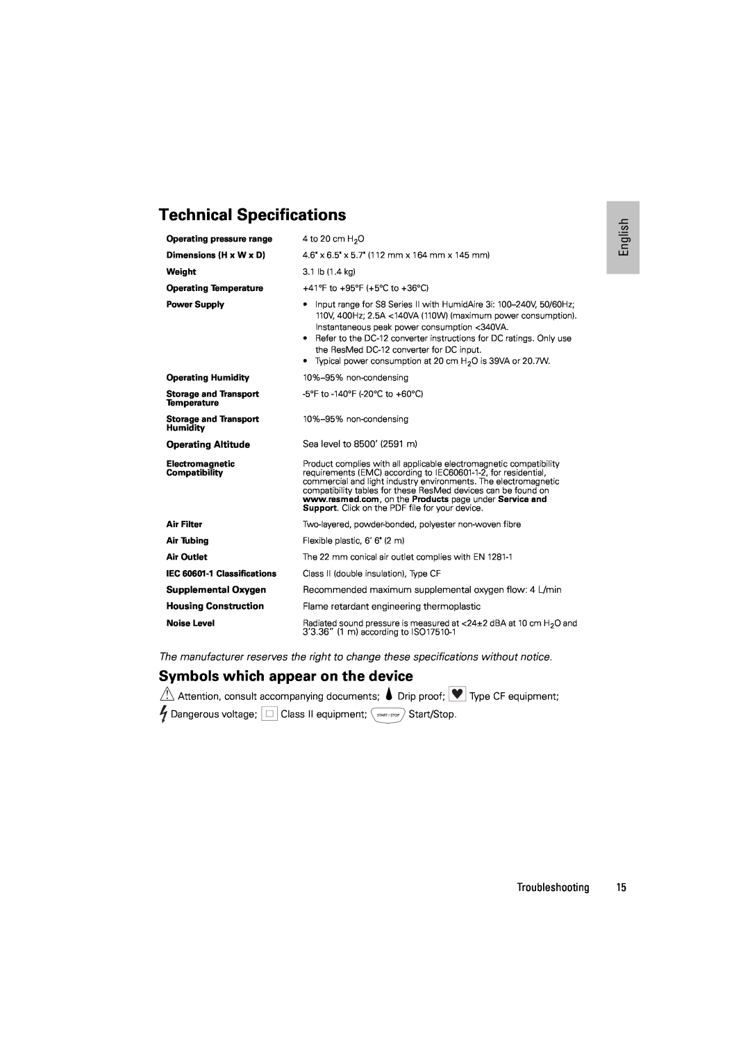 ResMed s8 Technical Specifications, Symbols which appear on the device, English, Operating Altitude, Supplemental Oxygen 