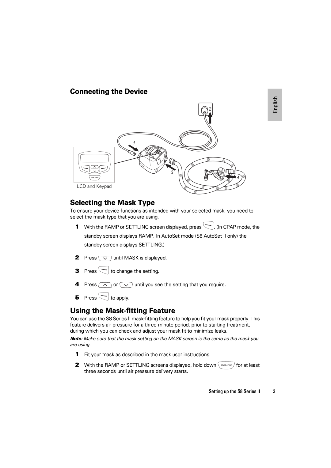 ResMed s8 manual Connecting the Device, Selecting the Mask Type, Using the Mask-fittingFeature, English, 2 1 