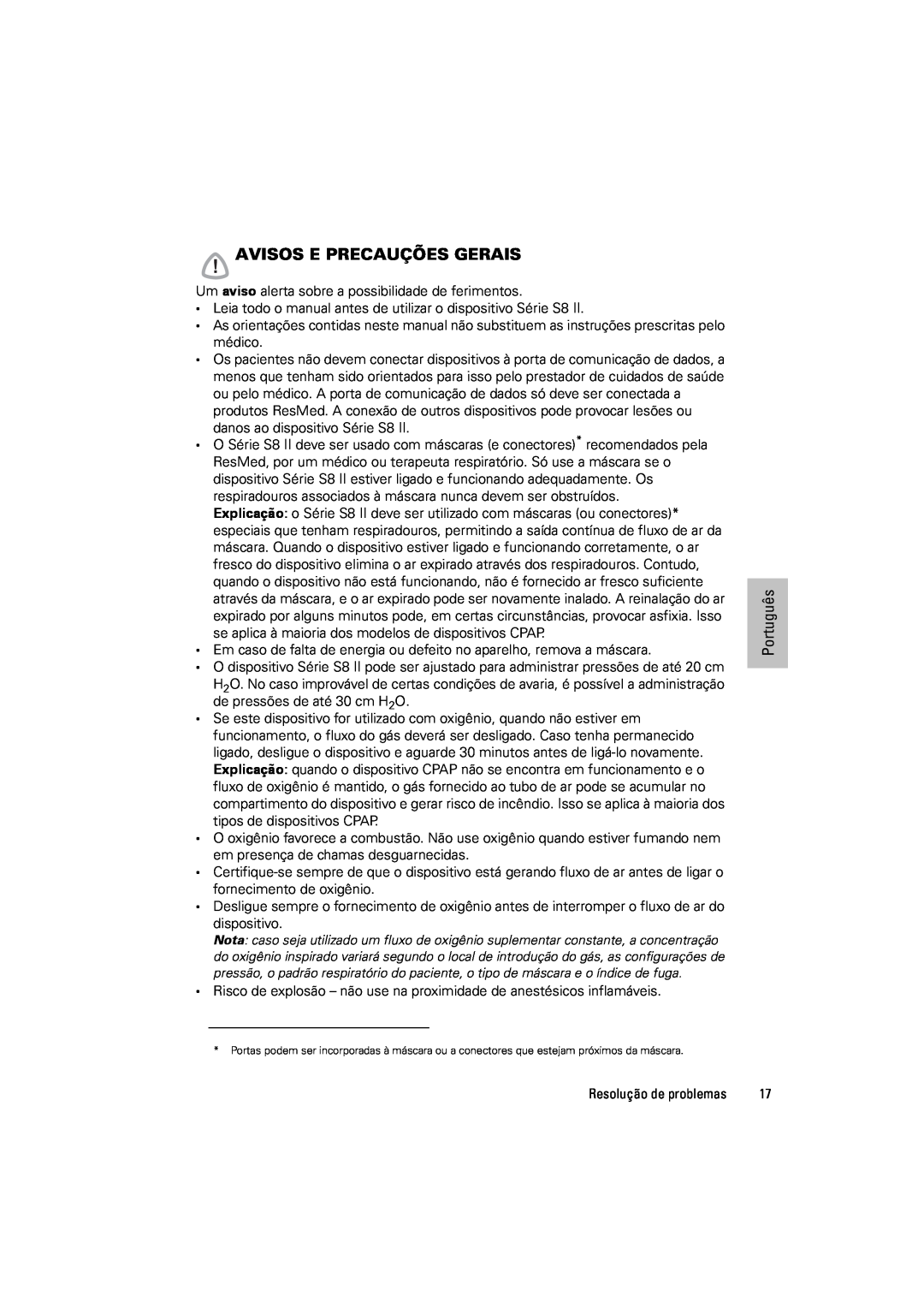 ResMed s8 manual Avisos E Precauções Gerais, Português 