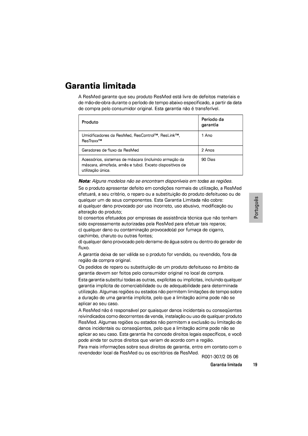 ResMed s8 manual Garantia limitada, Português 