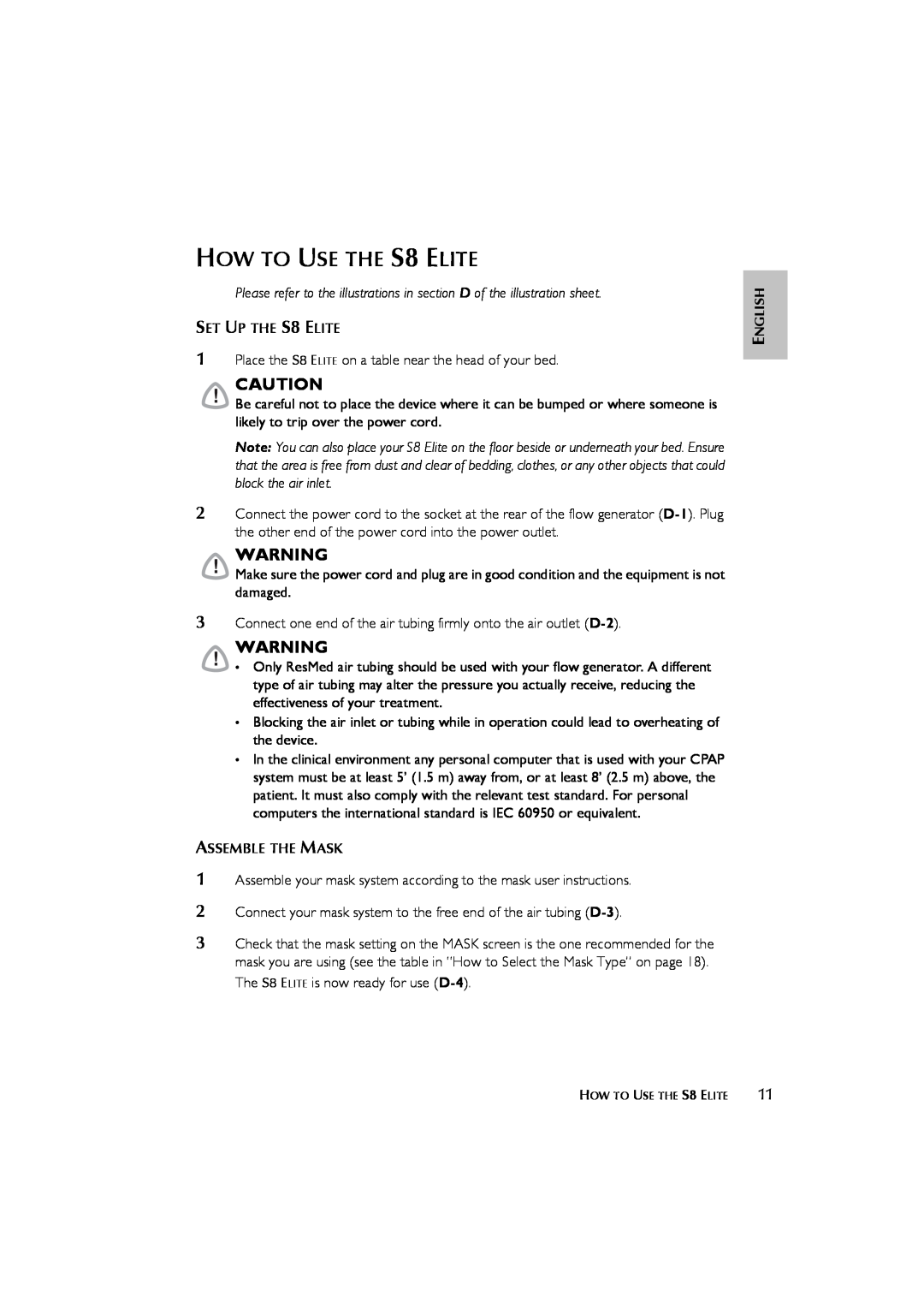 ResMed s8 user manual HOW TO USE THE S8 ELITE, SET UP THE S8 ELITE, Assemble The Mask, English 