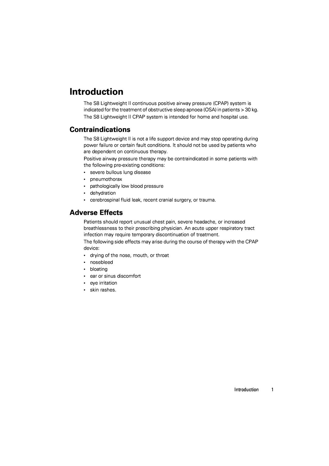 ResMed s8 manual Introduction, Contraindications, Adverse Effects 