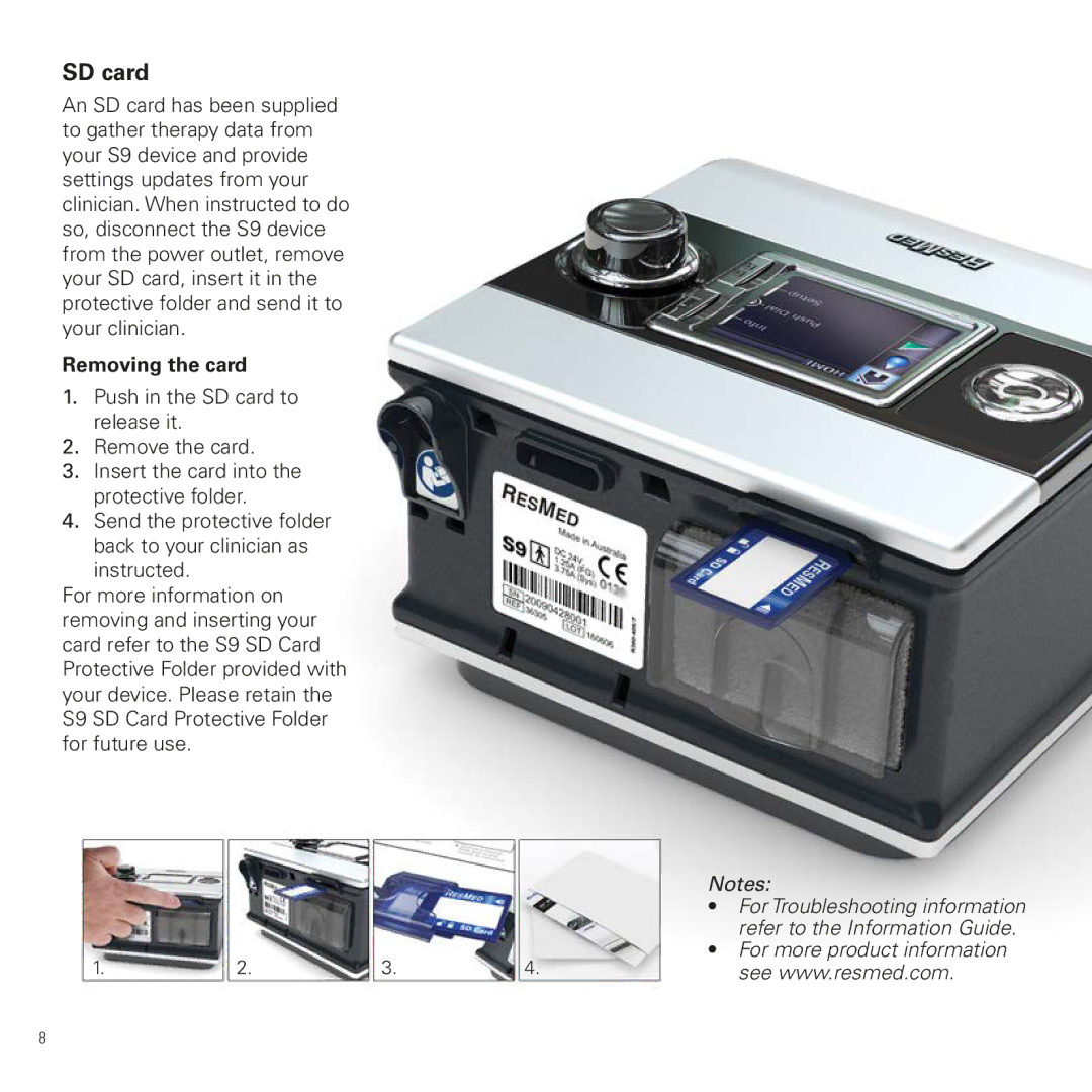 ResMed S9 Elite, S9 AutoSet manual SD card, Removing the card 