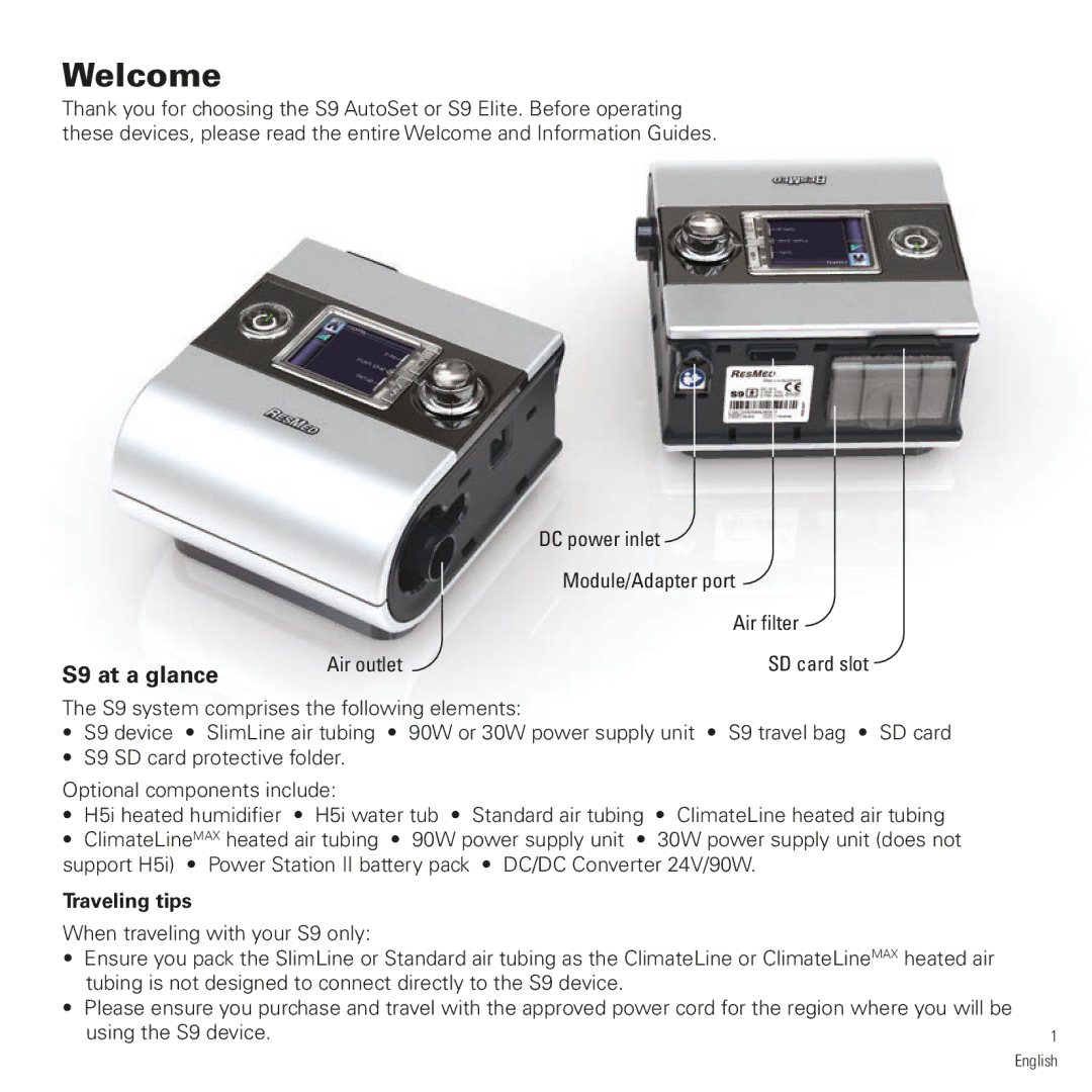 ResMed S9 AutoSet, S9 Elite manual S9 at a glance, Traveling tips 