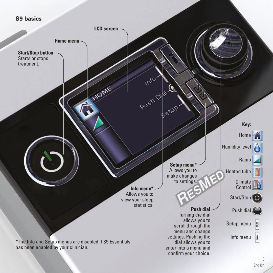 ResMed S9 AutoSet, S9 Elite manual S9 basics, LCD screen Home menu, Key 