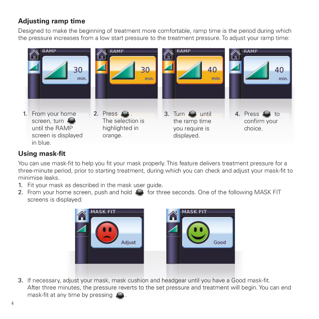 ResMed S9 Elite, S9 AutoSet manual Adjusting ramp time, Using mask-fit 