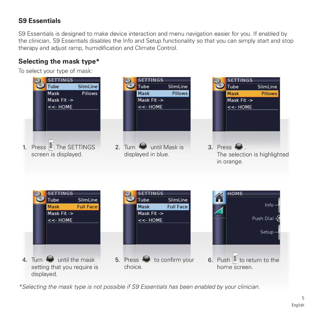 ResMed S9 AutoSet, S9 Elite manual S9 Essentials, Selecting the mask type 