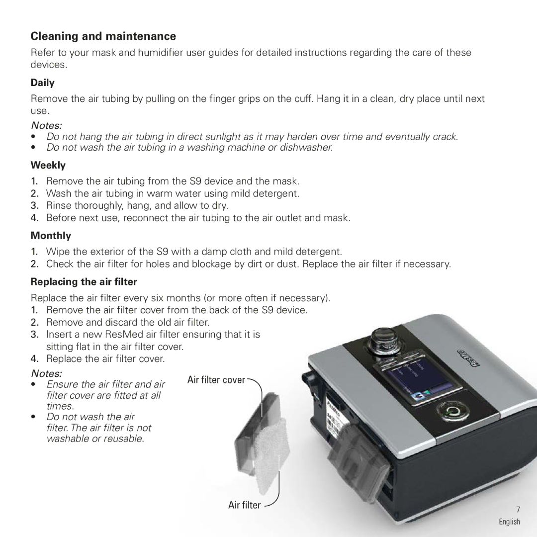 ResMed S9 AutoSet, S9 Elite manual Cleaning and maintenance, Daily, Weekly, Monthly, Replacing the air filter 