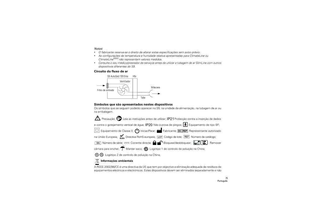 ResMed S9 Series manual Circuito do fluxo de ar, Símbolos que são apresentados nestes dispositivos, Informações ambientais 