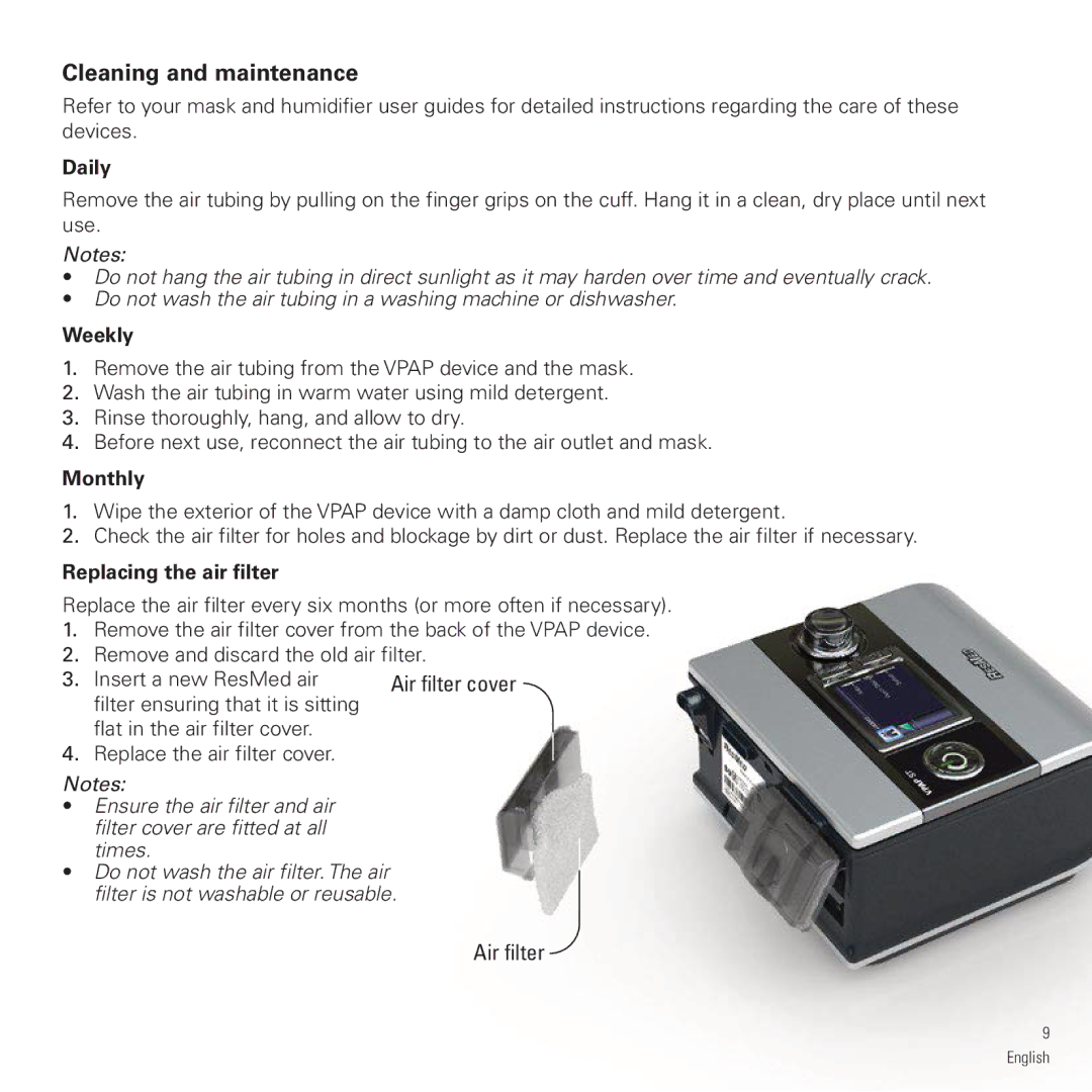 ResMed S9 VPAP ST manual Cleaning and maintenance, Daily, Weekly, Monthly, Replacing the air filter 