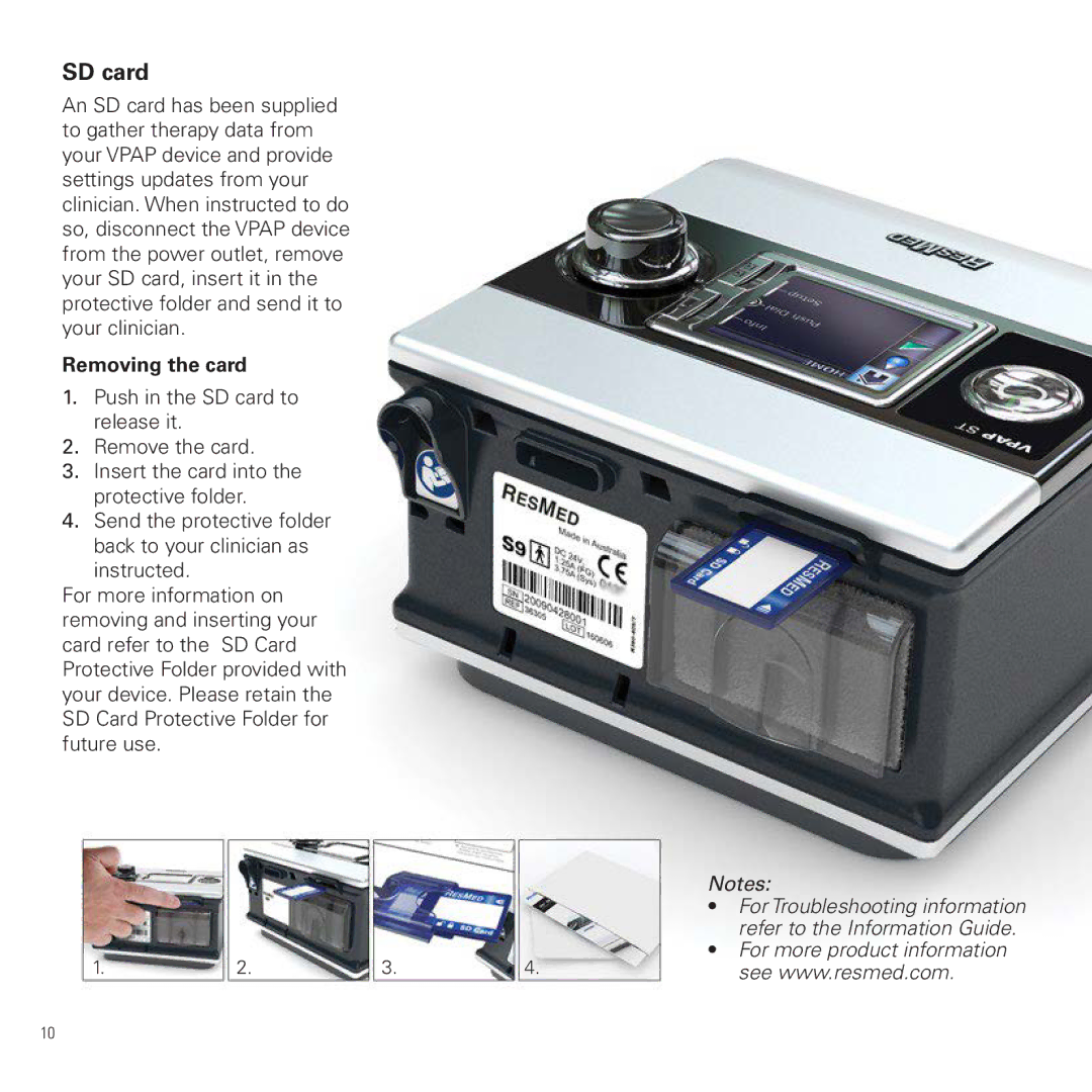 ResMed S9 VPAP ST manual SD card, Removing the card 