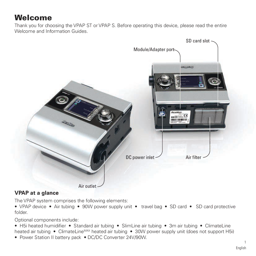 ResMed S9 VPAP ST manual Welcome, Vpap at a glance 