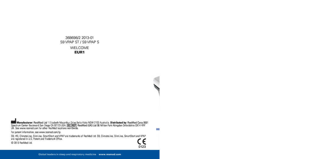 ResMed manual 368698/2 S9 VPAP ST / S9 VPAP S WELCOME, EUR1 