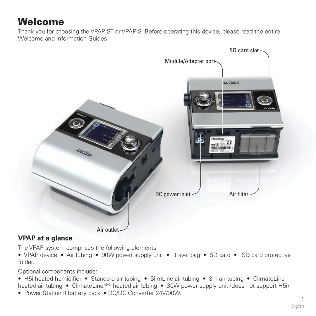 ResMed S9 VPAP ST manual VPAP at a glance, Welcome 