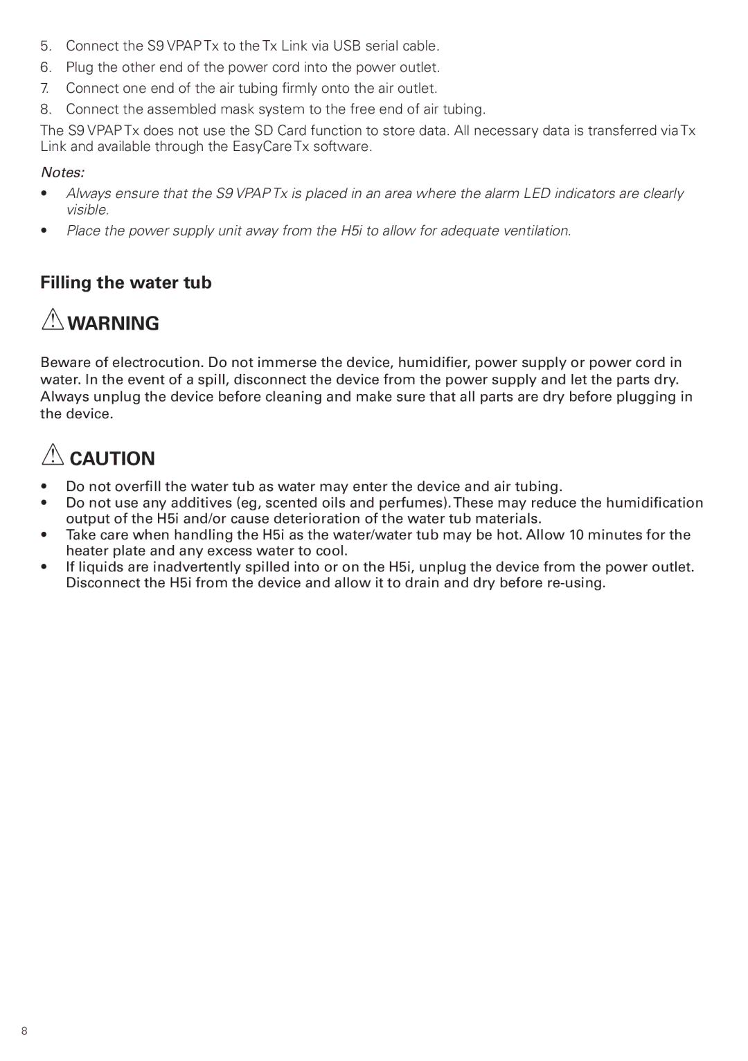 ResMed S9 VPAP Tx manual Filling the water tub 