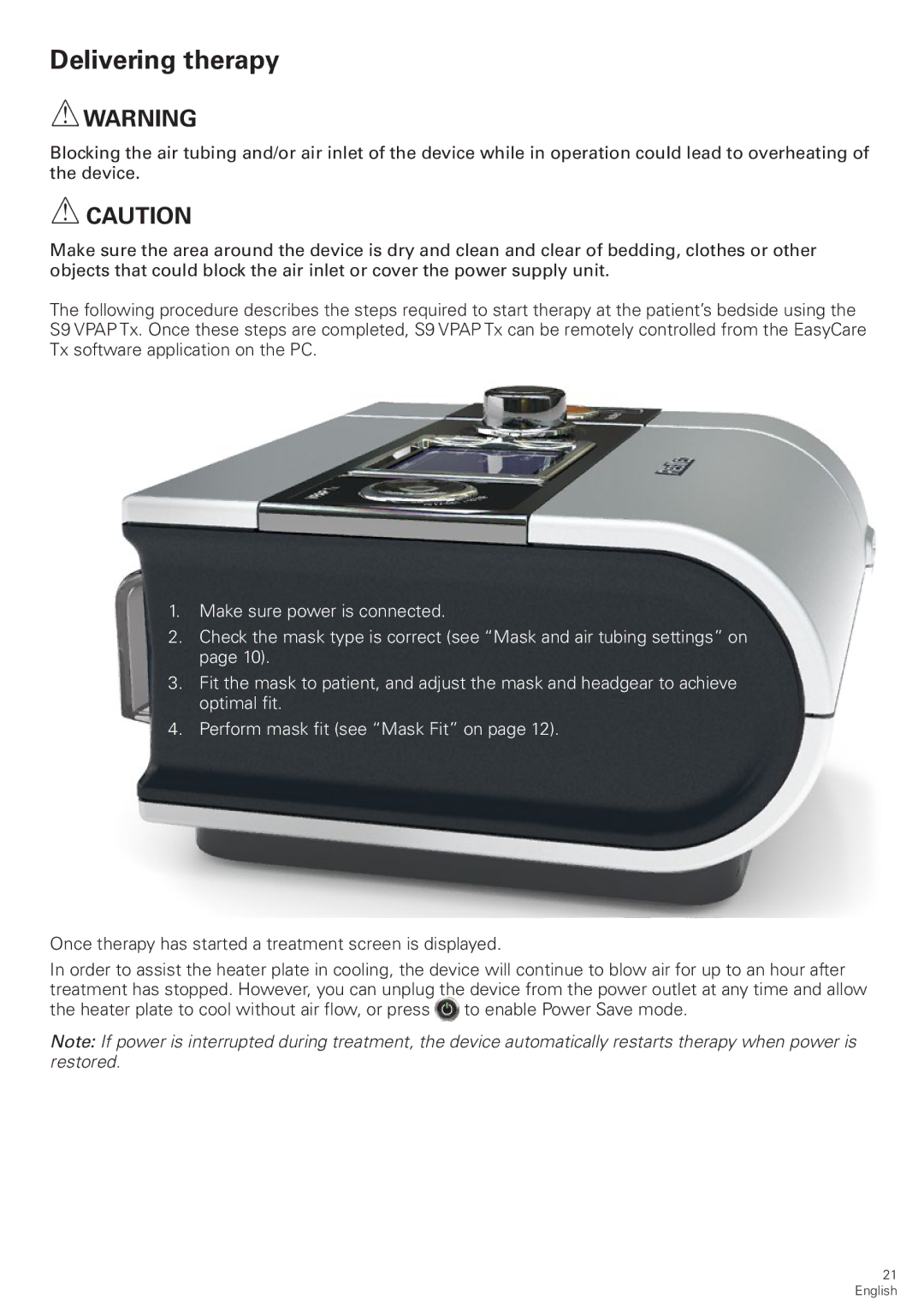 ResMed S9 VPAP Tx manual Delivering therapy 