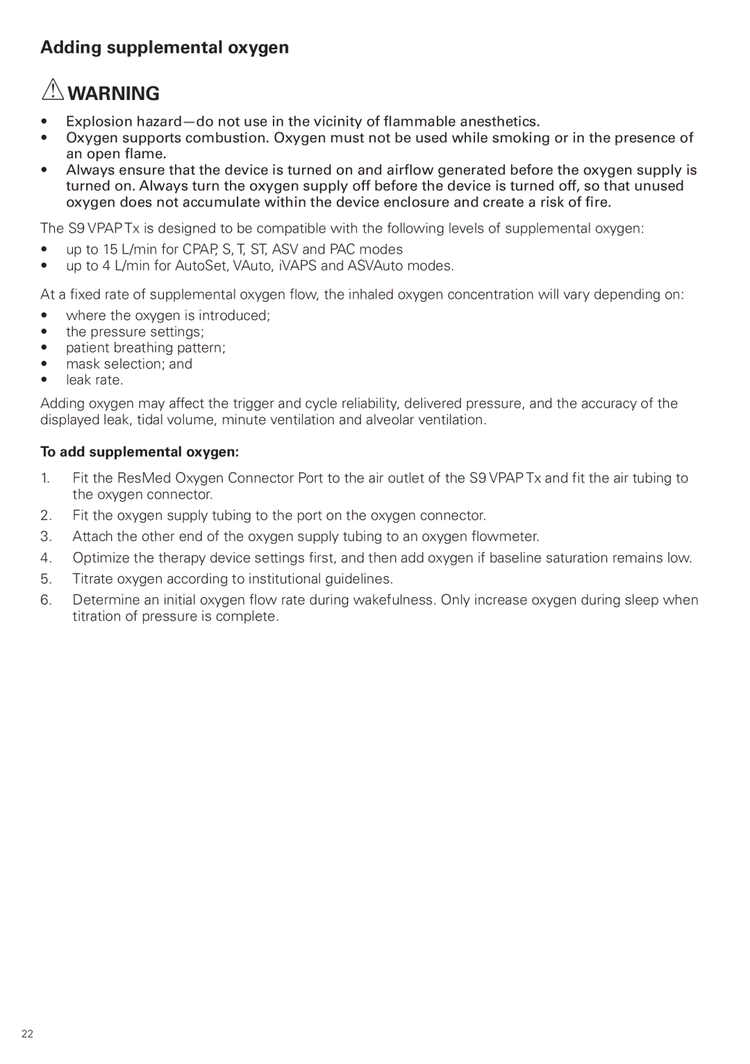 ResMed S9 VPAP Tx manual Adding supplemental oxygen, To add supplemental oxygen 