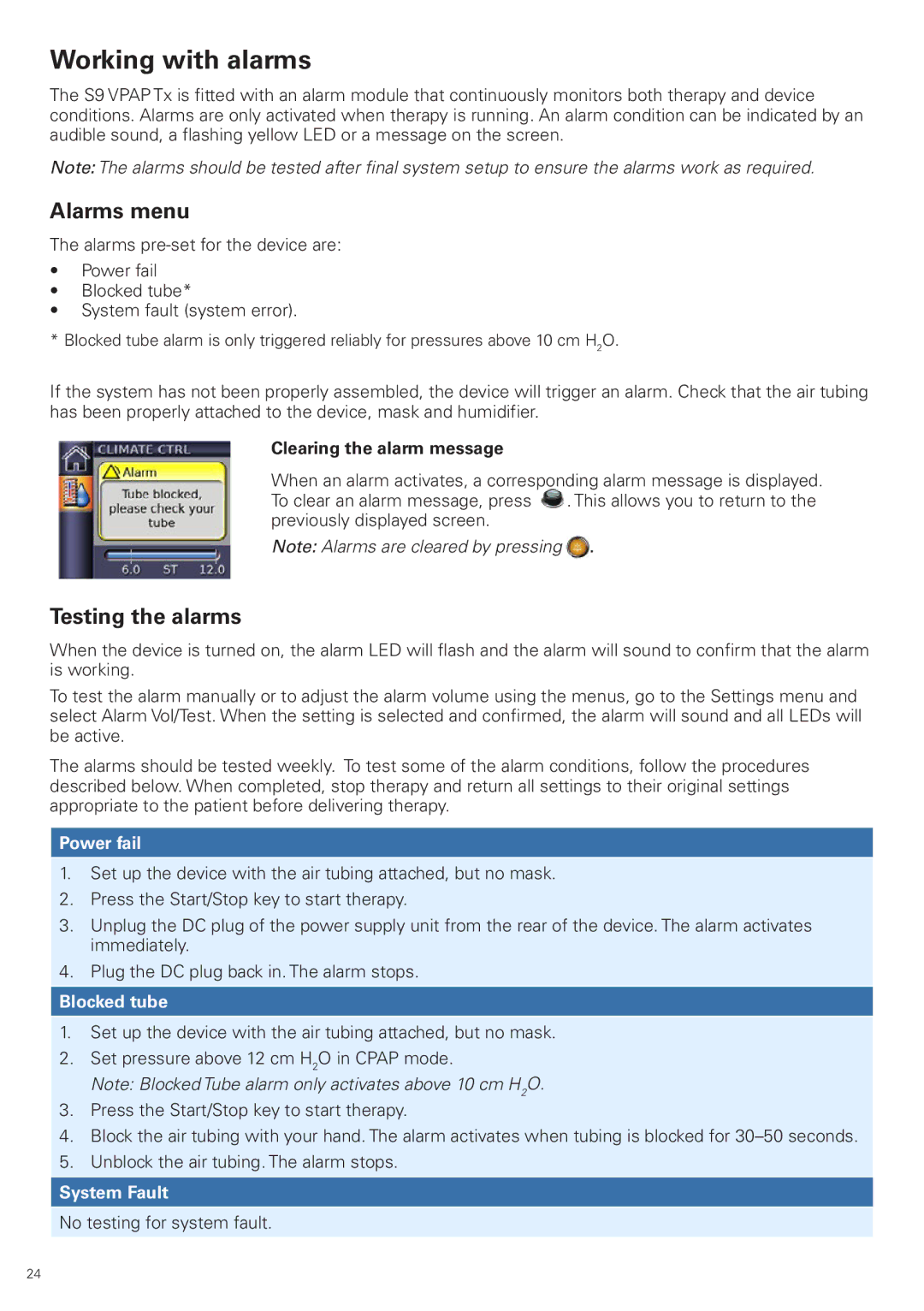 ResMed S9 VPAP Tx manual Working with alarms, Alarms menu, Testing the alarms 