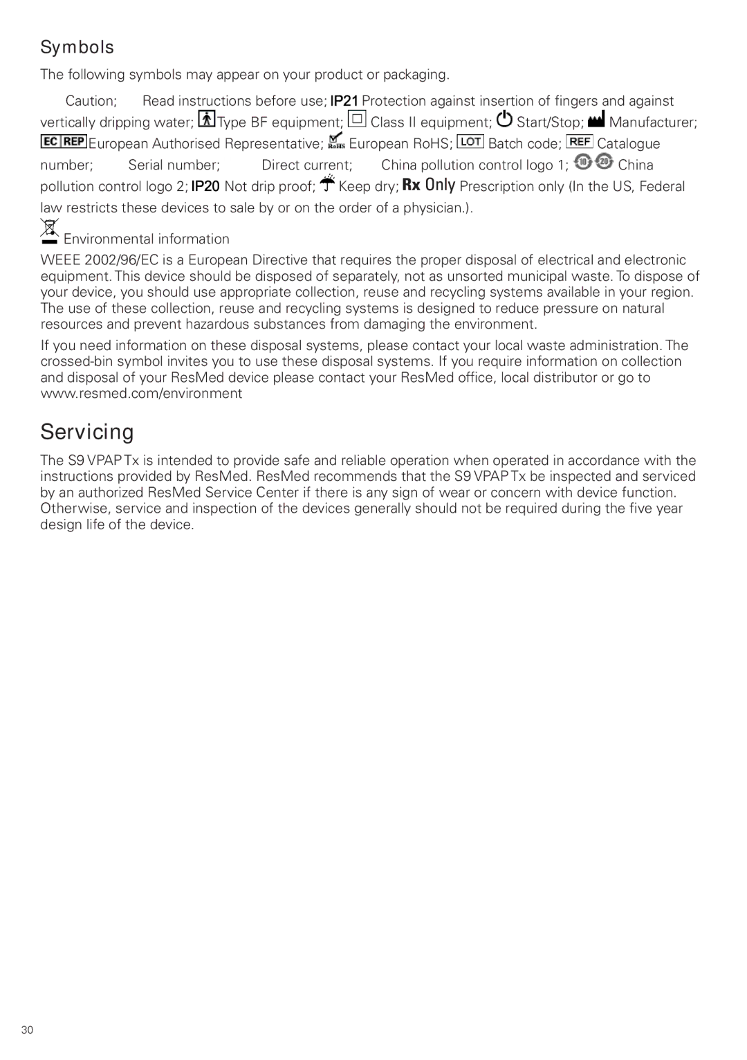 ResMed S9 VPAP Tx manual Servicing, Symbols 