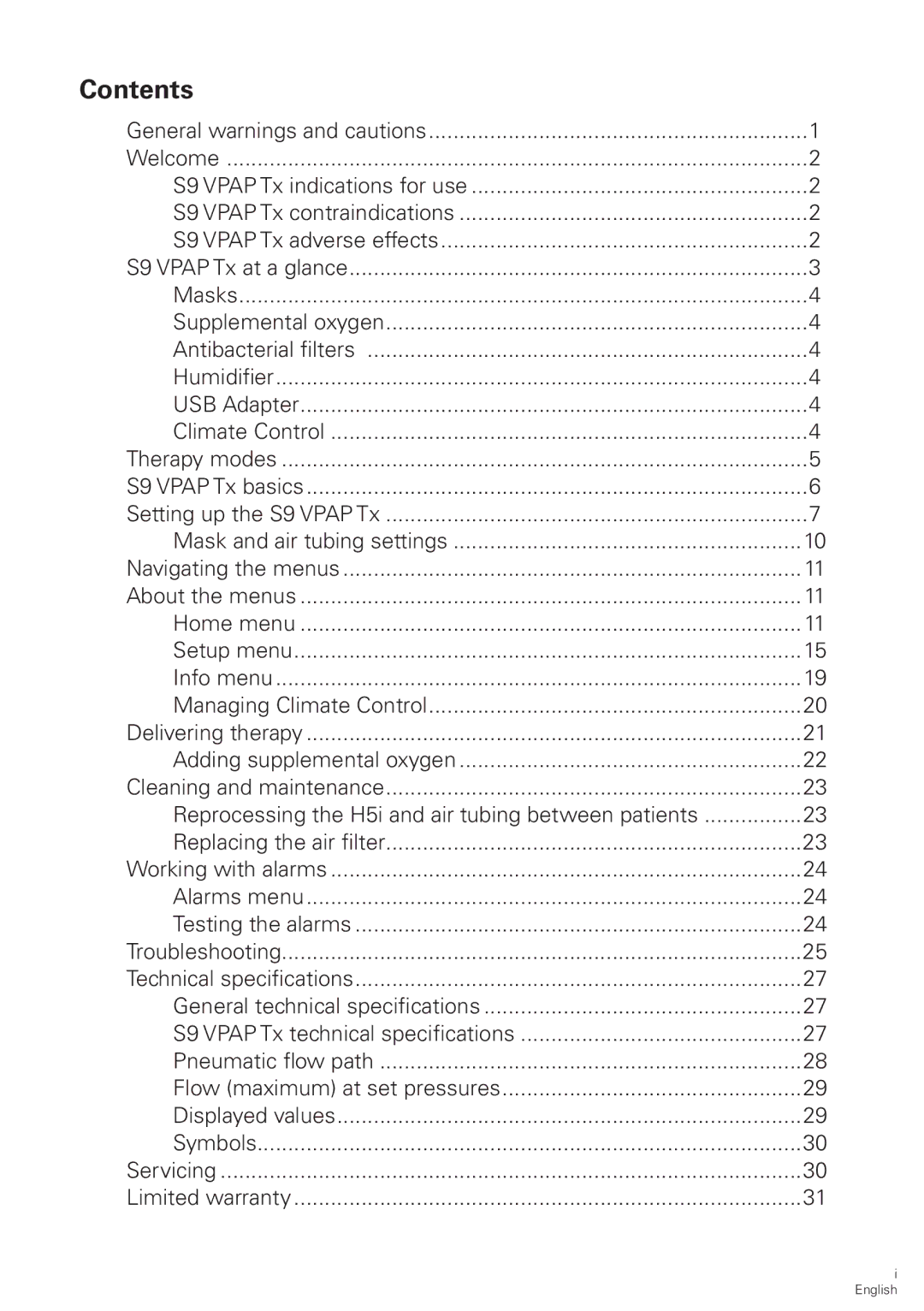 ResMed S9 VPAP Tx manual Contents 