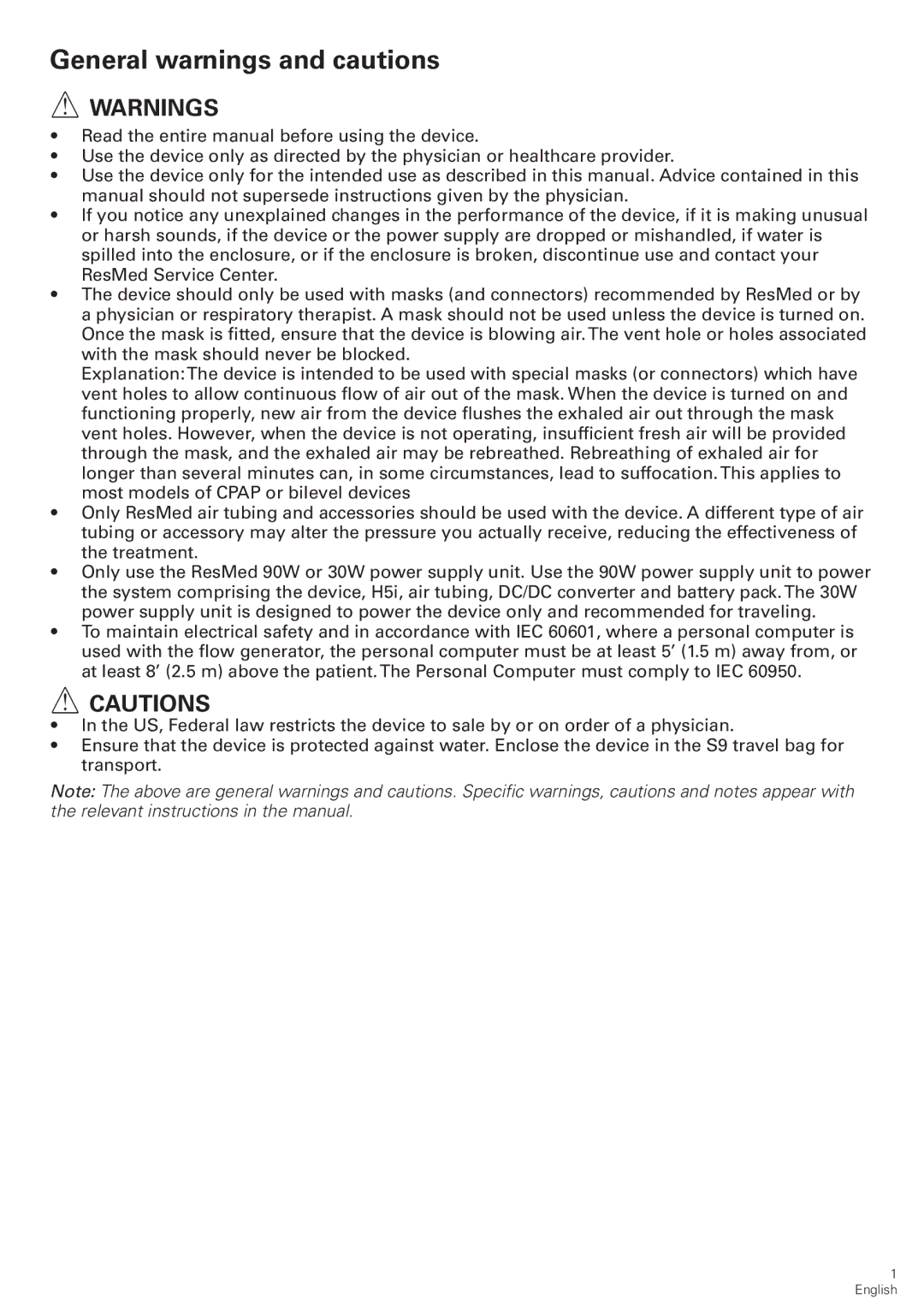 ResMed S9 VPAP Tx manual General warnings and cautions 