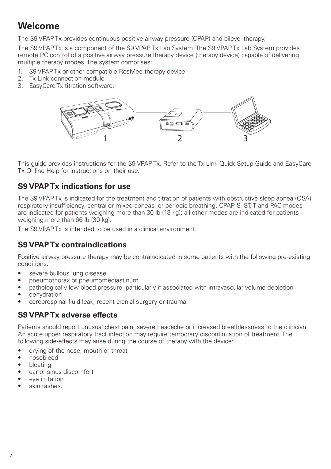 ResMed S9 VPAP Tx manual Welcome, S9 Vpap Tx indications for use, S9 Vpap Tx contraindications, S9 Vpap Tx adverse effects 