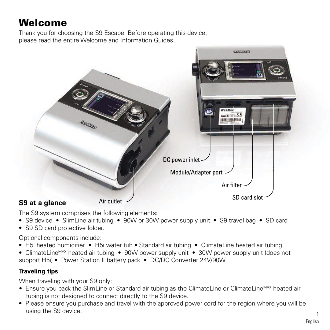 ResMed manual S9 at a glance, Traveling tips 