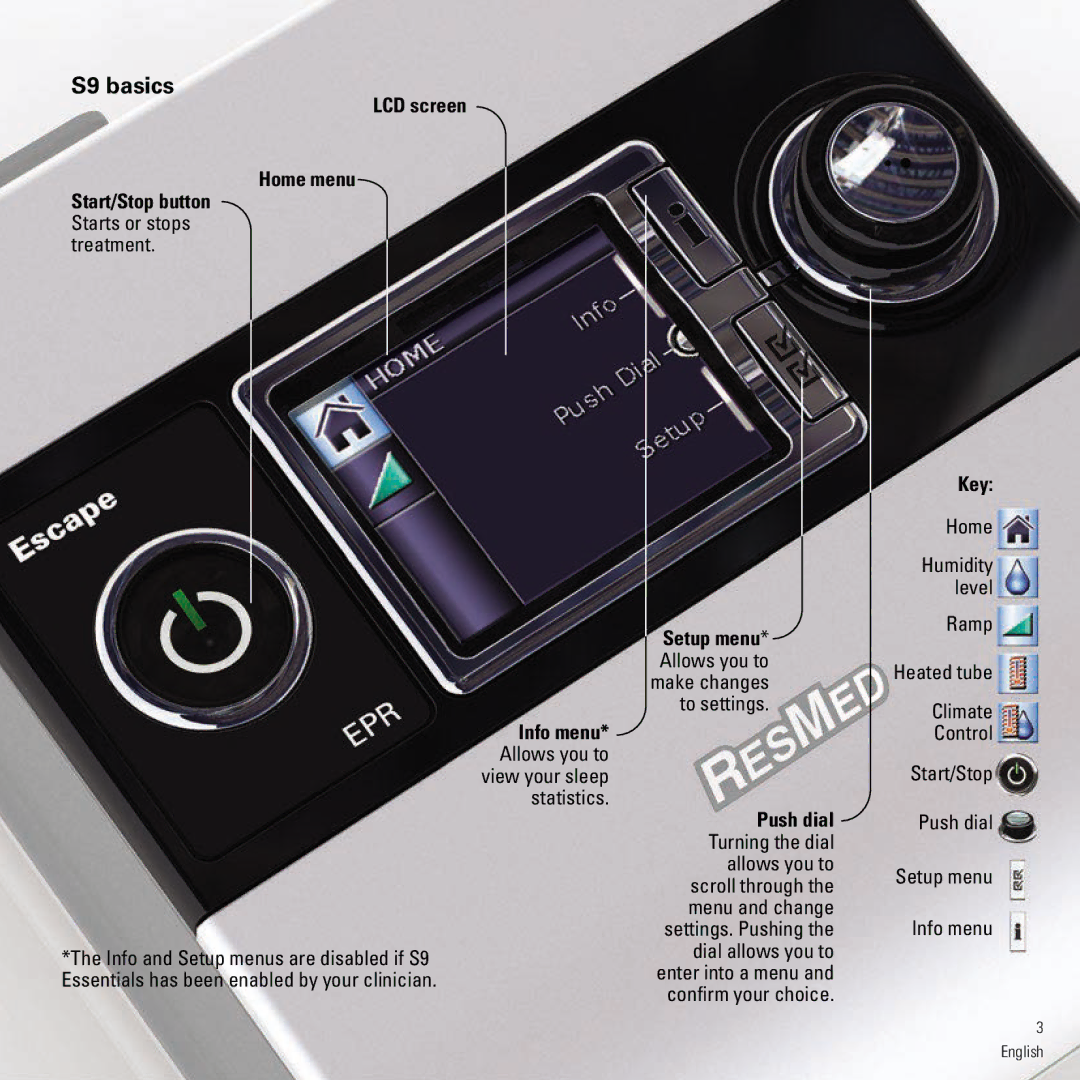 ResMed manual S9 basics, LCD screen Home menu, Key 