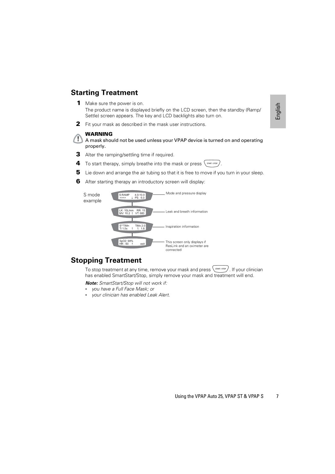 ResMed AUTO 25, ST manual Starting Treatment, Stopping Treatment, Example 