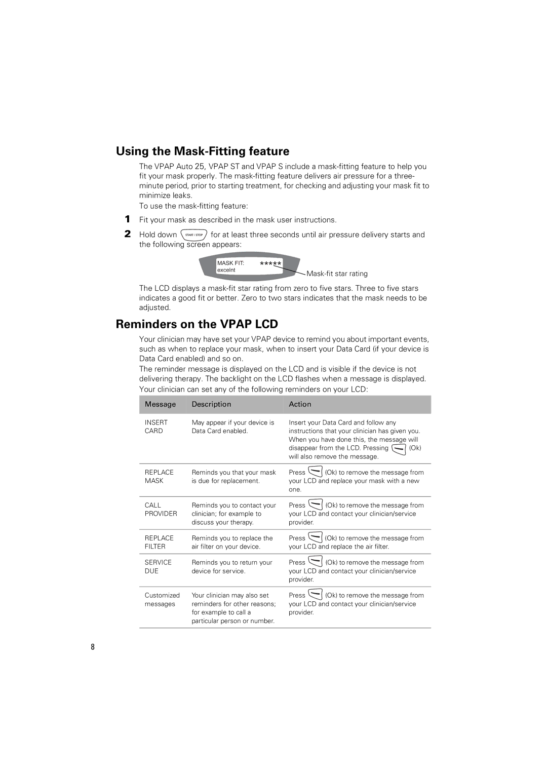 ResMed ST, AUTO 25 manual Reminders on the Vpap LCD, Mask-fit star rating 